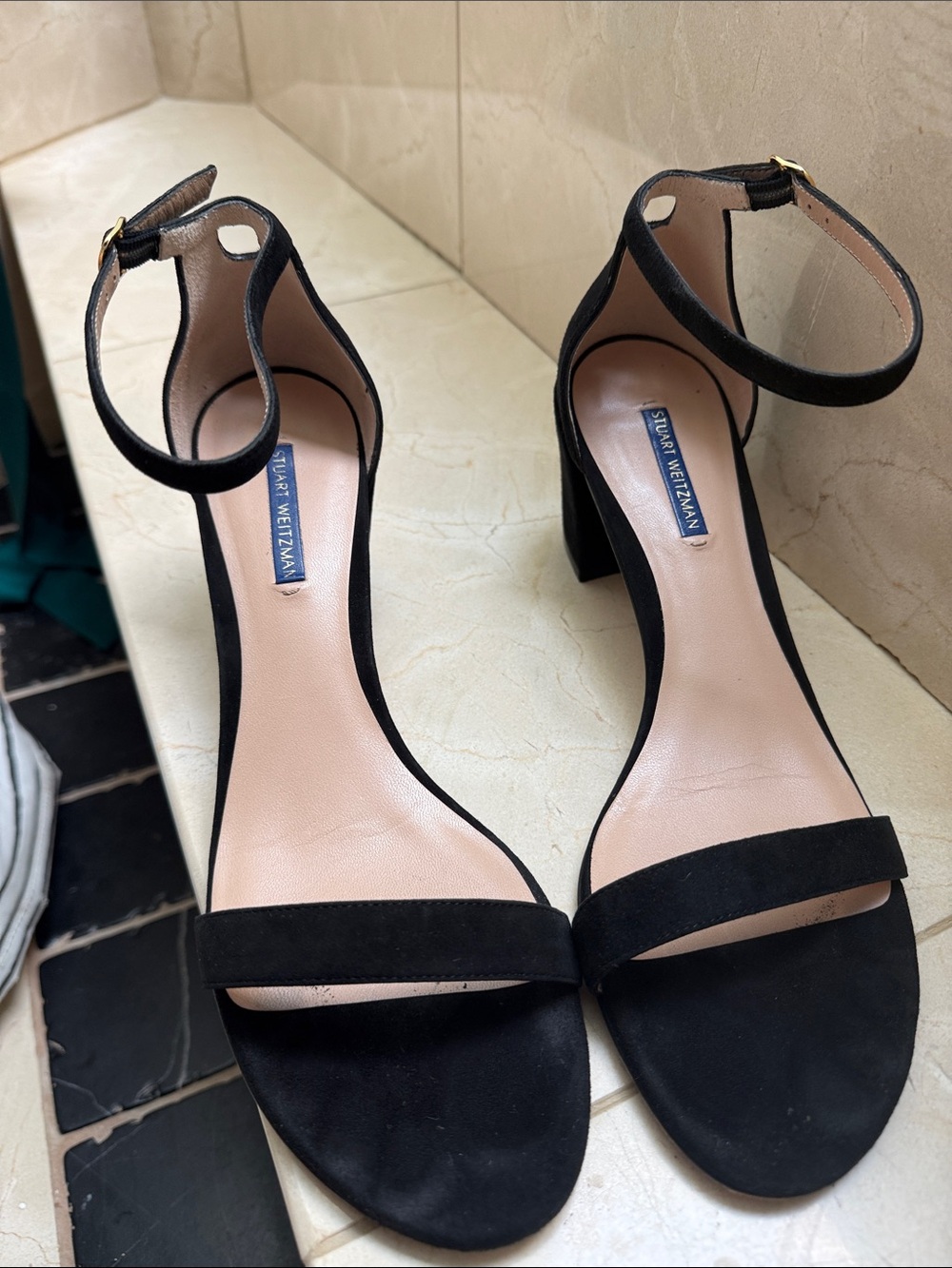 Stuart Weitzman Black Suede Ankle-Strap Block-Heel Sandals